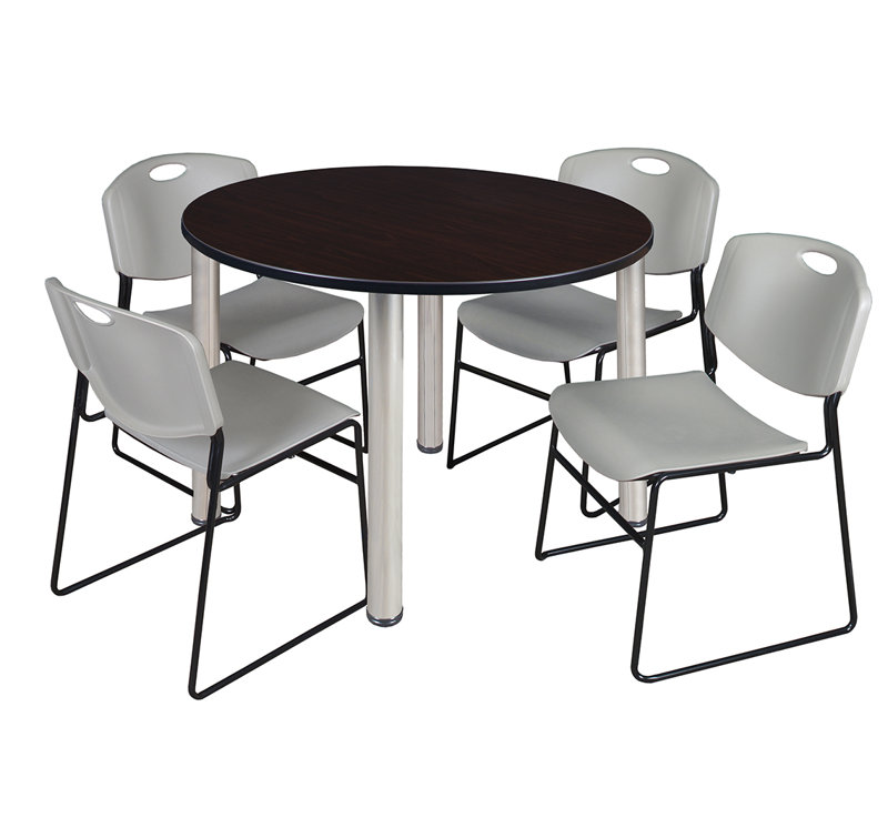 Plateau de table Kee, 4 chaises empilables, Cerisier, Chrome