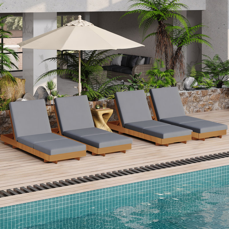 Sereno Outdoor Acacia Wood Chaise Lounge Chair With Cushions, Gray