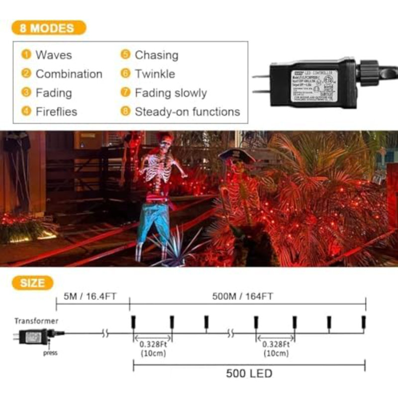 164FT 500 LED Orange Halloween Lights, 8 Modes Waterproof Plug In String Lights For Halloween Indoor Outdoor Yard Party Wedding Garden Home Decorations (Orange)
