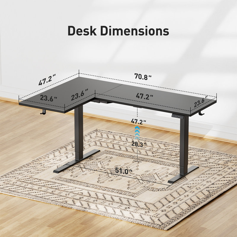 Bureau debout électrique en L 71 po à hauteur réglable avec 3 préréglages de mémoire, Noir / Noir, L 71 po x P 47 po