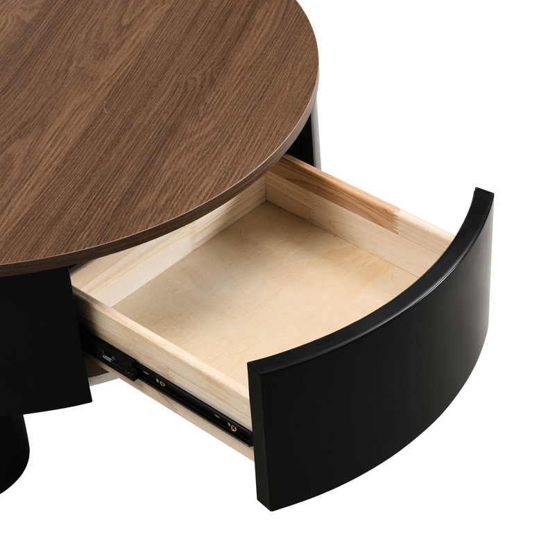 Salon, plastique noir, table basse gigogne ronde, tiroir de rangement, solution peu encombrante, concept de design moderne, matériaux, utilisation adaptable de 2, centre en plastique avec tiroir pour les petites pièces,