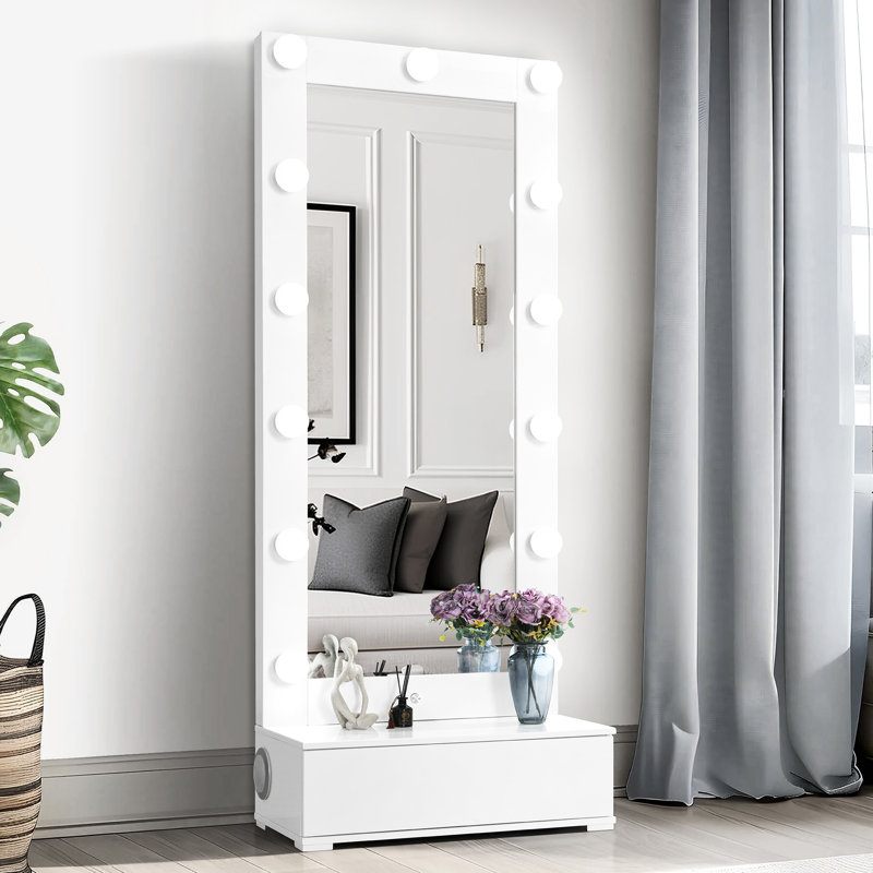 Grand miroir étroit blanc avec haut-parleurs latéraux et un tiroir spacieux, solution pour chambre à coucher moderne, lumières à DEL incluses, matériau principal Bois massif + verre, 73,99 pouces de hauteur, 14,52 de largeur, 30,9 de profondeur, 77,48 lb