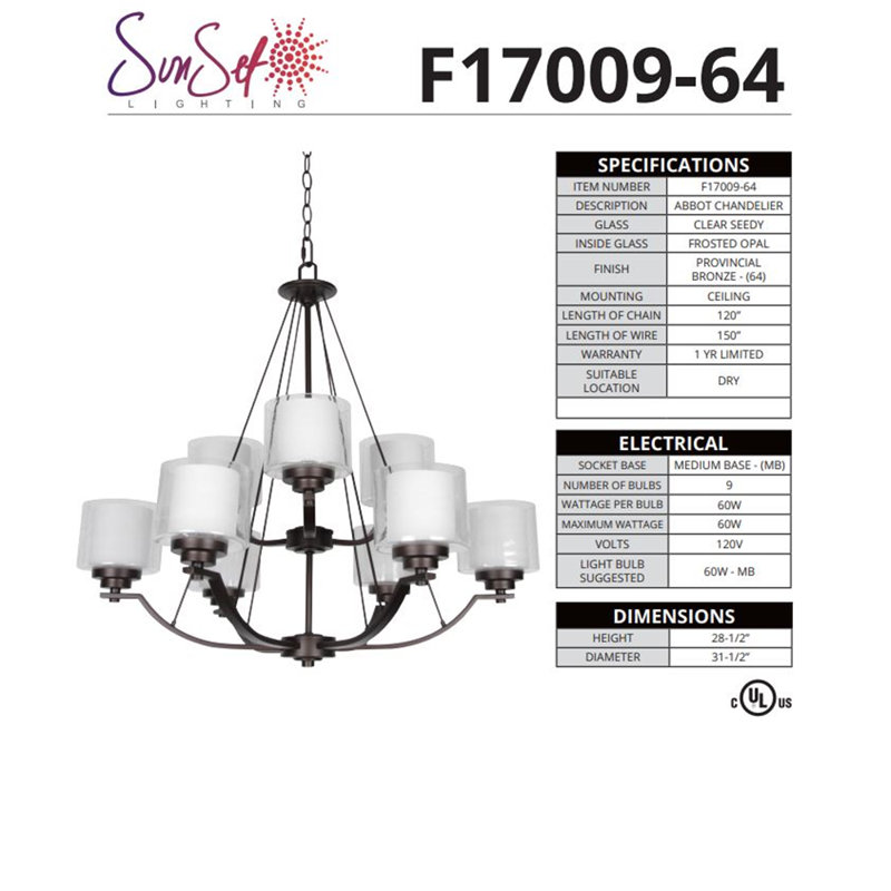 Lustre classique 9 lumières à abat-jour Sophina, Bronze provincial
