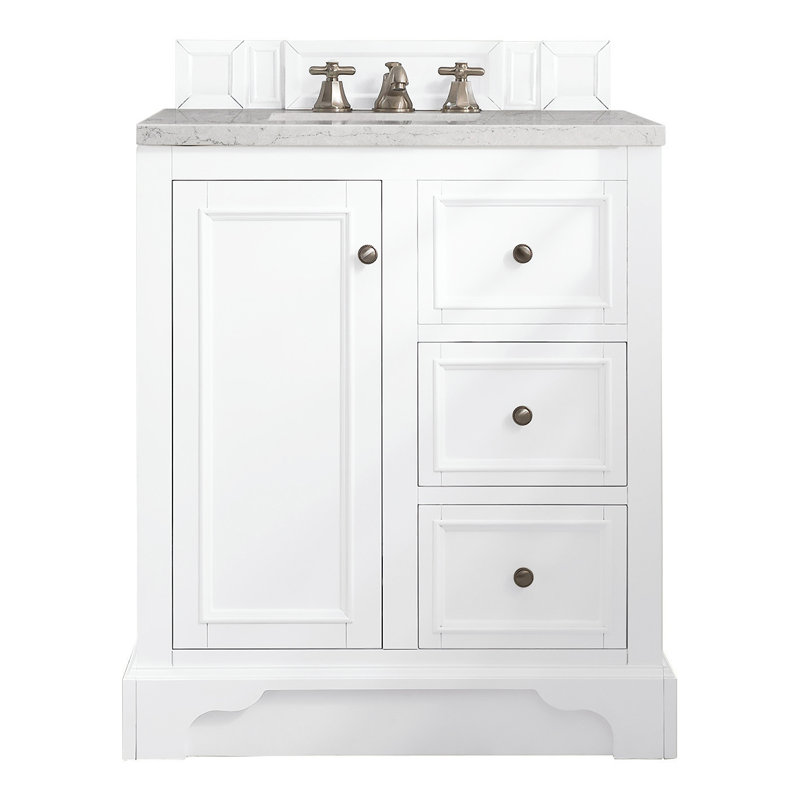 De Soto 31.3'' W Single Vanity, Bright White, Eternal Jasmine Pearl Quartz, 8" Widespread
