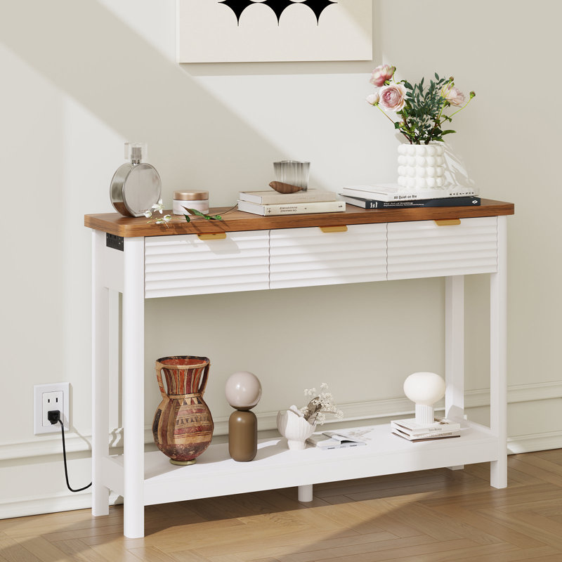 47" Console Table With Storage, Fluted Foyer Table With Charging Station, Wooden 3 Drawers Sofa Table With Open Shelf, Behind Couch Table For Living Room, Hallway