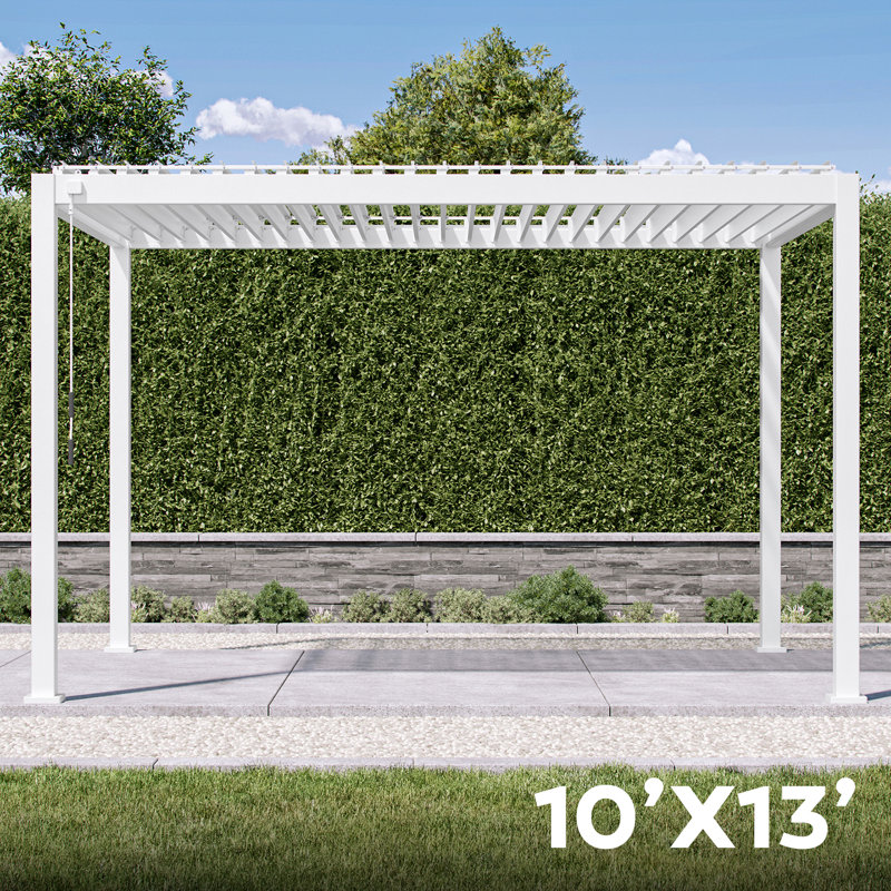 111S Aluminum Pergola with Steel Adjustable Louvered Roof, White, 10 ft W x 13 ft D