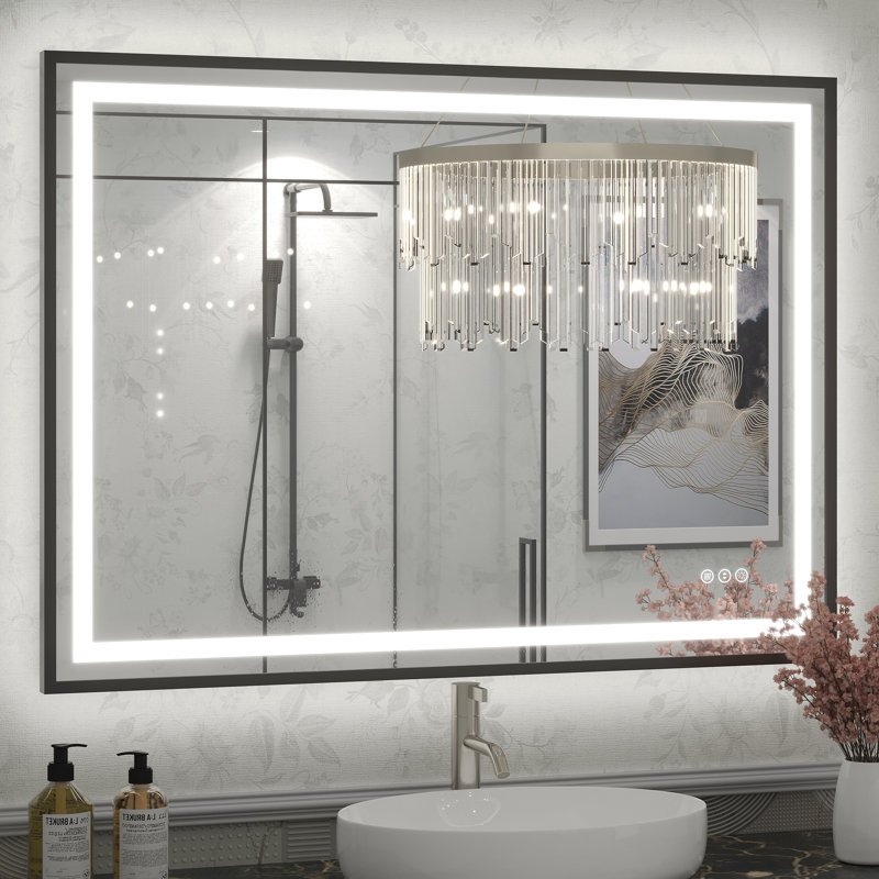 Molly Black Metal Framed LED Front Light and Backlit Anti-Fog Wall Bathroom/ Vanity Mirror, 44" x 32", Black