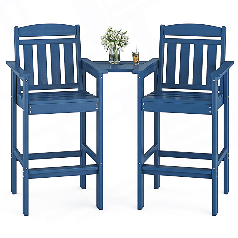 Ensemble de 2 grandes chaises Adirondack, tabourets Adirondack en PEHD avec plateau de connexion, Bleu
