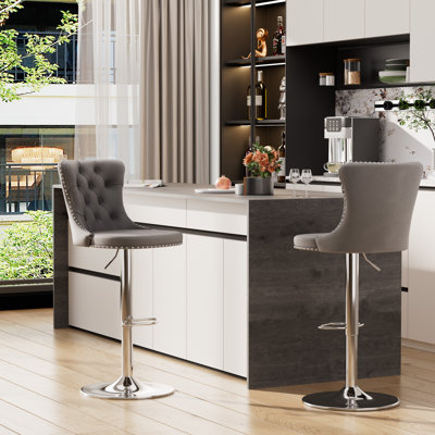 Swivel Velvet Upholstered Adjustable Height Counter Stool with Metal Frame (Set of 2)