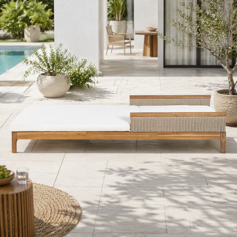 Méridienne d'extérieur en bois d'acacia massif, Light Grey+Natural，Beige