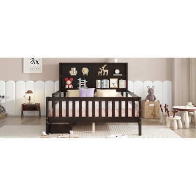 Lit plateforme double avec tableau noir, lit plateforme en bois massif avec tiroirs et tablettes de rangement, conception amusante et peu encombrante, espresso