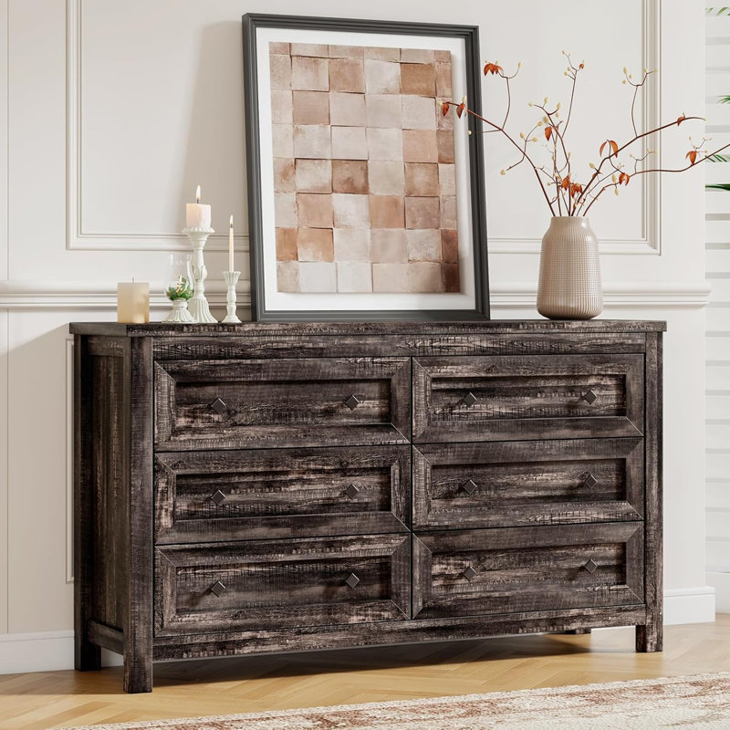 Dezia Farmhouse 6 Drawers Dresser, Rustic Black