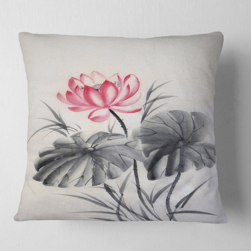 Housse et insert de coussin carré en forme de fleur de lotus avec deux feuilles monochromes, 16" x 16"