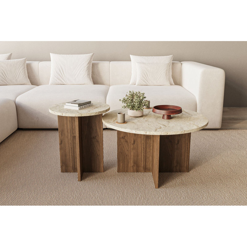 Ensemble de tables basses Modern (2 pièces), finition travertin et noyer, grand: 27,6 po x 15,7 po x 27,6 po, petit: 15,7 po x 18,5 po x 15,7 po | Panneau de particules 100% mélaminé | Élégant et fonctionnel pour la décoration de salon