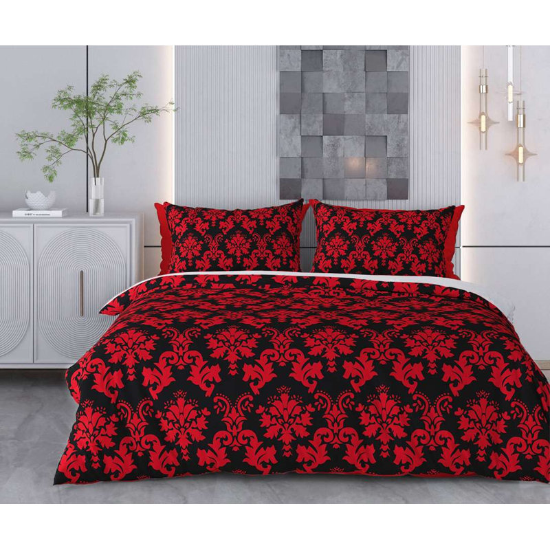 Ensemble de housse de couette, Motif floral rouge / noir 2, Housse de couette pour très grand lit et 2 taies 