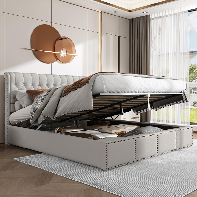 Mobus Upholstered Ottoman Bed, Double (4'6), Light Grey, Linen