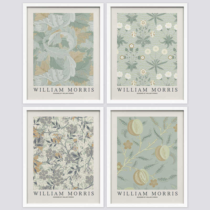 "Classic William Morris Abstracy", motif botanique floral encadré sur papier, impression de 4 pièces, Blanc, H 10 po x l 8 po