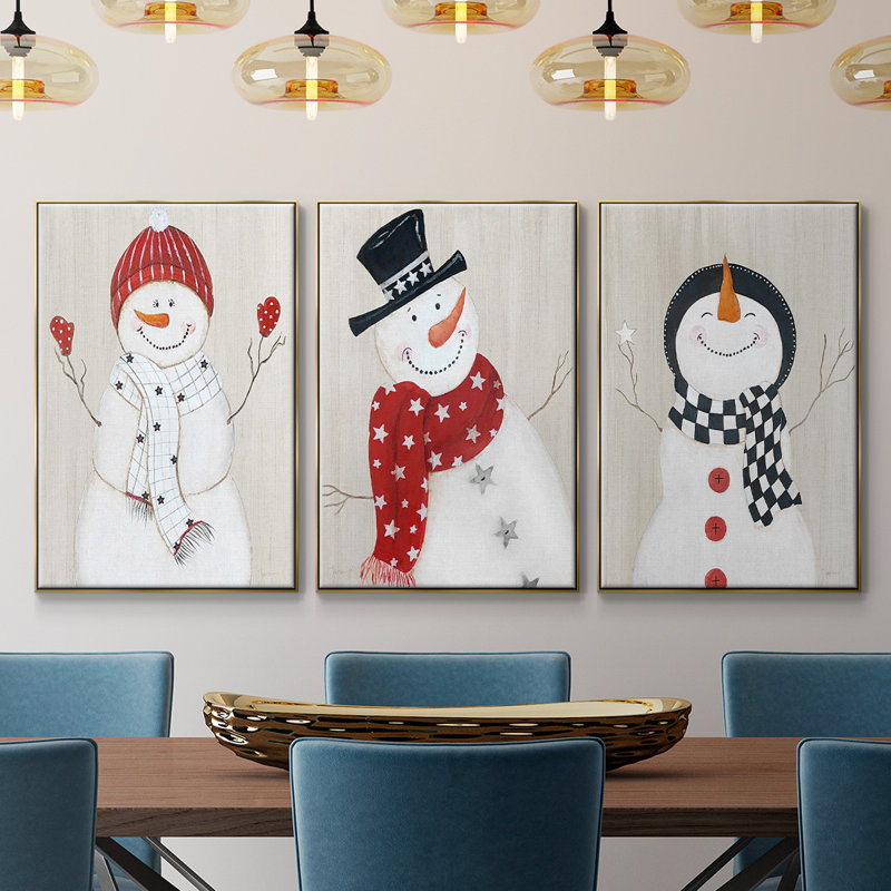 Bonhomme de neige encadré sur toile, 3 pièces, Or, H 24 po x l 48 po x P 2 po