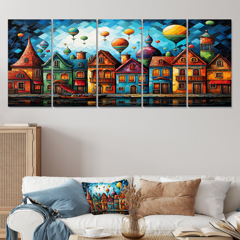 Fantasy Art Ballon Village I - Montgolfière, art mural 5 pièces, H 28 po x l 60 po