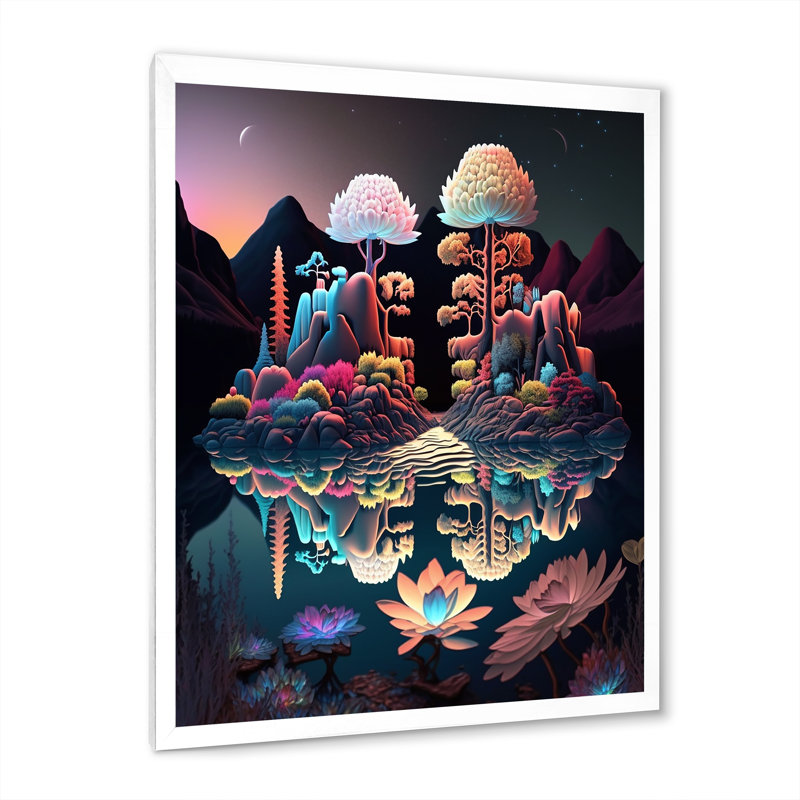 «Abstract Nocturnal Flora Mysterious Lake», reproduction sur toile, H 40 po x l 30 po x P 1,5 po, Cadre simple blanc