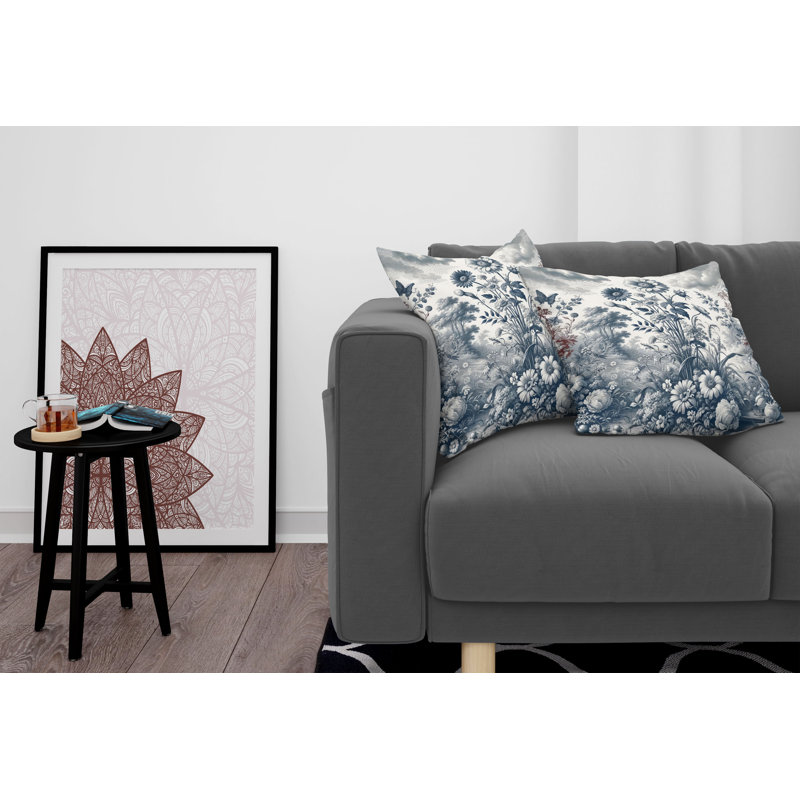 Slate Blue and Burgundy Floral Microfiber Reversible Throw Pillow Covers, Set of 2