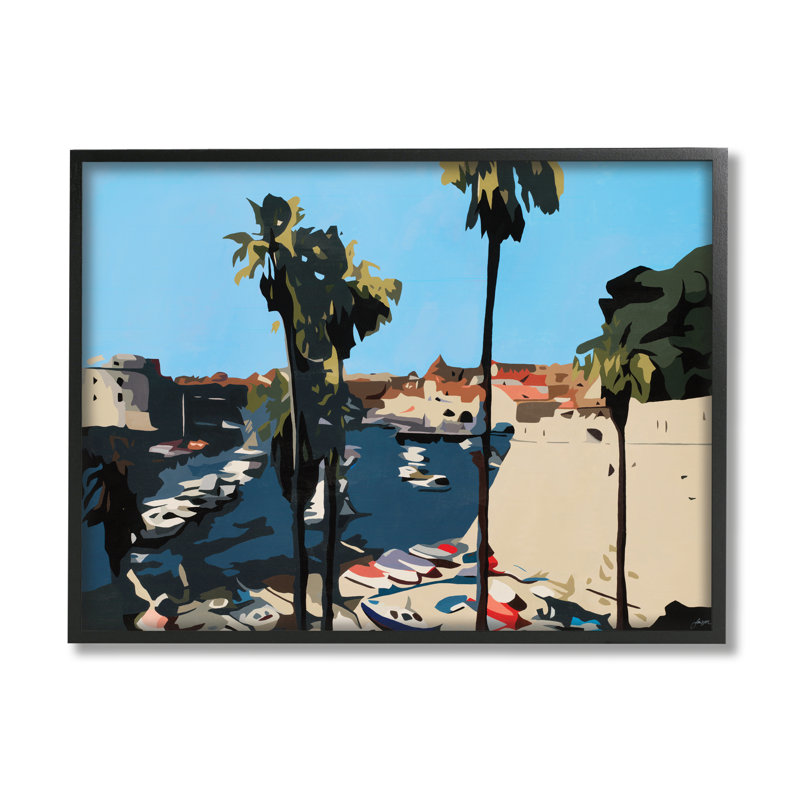Palmiers tropicaux sur les côtes de la ville côtière, Giclée encadrée noir minuit, H 11 po x l 14 po