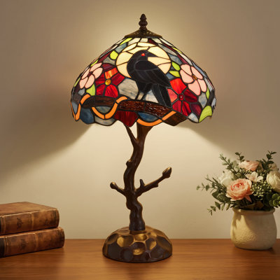 Lampe de table 17 po de style Tiffany rétro, abat-jour en verre coloré noir 8 po avec base en résine, interrupteur marche / arrêt en ligne, pour bureau, table de chevet, chambre à coucher, salon, petits espaces