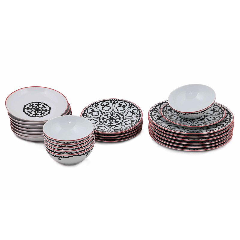 Service de table 24 pièces, service pour 6 Mattapan, Blanc/noir/rouge
