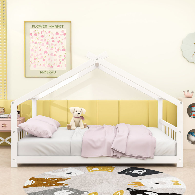 Lit de maison en bois avec toit, maisonnette semi-fermée, Blanc, Complet/Double