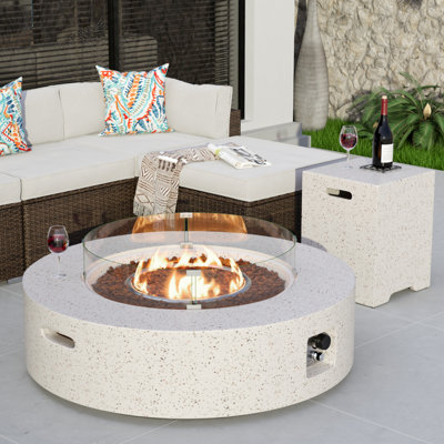 Kinzie Round Concrete Propane Smokeless Fire Pit Table Terrazzo White