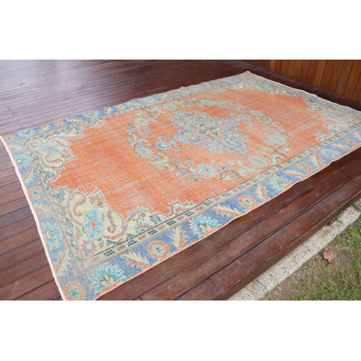 Tapis turc rétro fait à la main en motif médaillon orange pour décoration de maison bohémienne