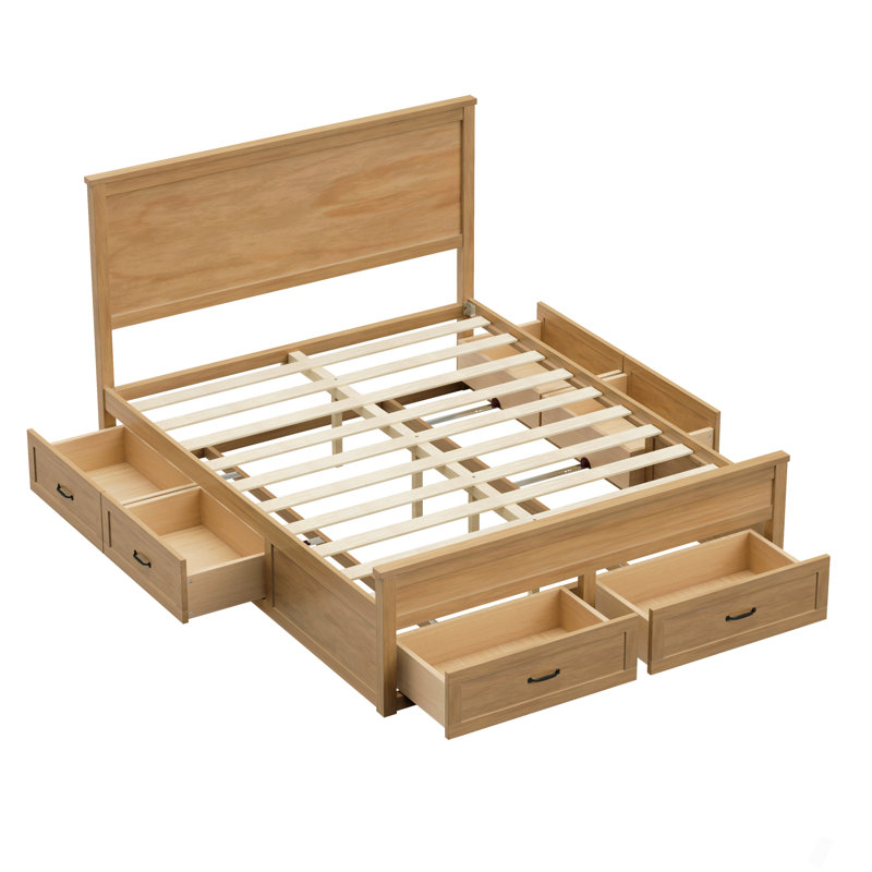 Structure de lit moderne avec 6 tiroirs et lit plateforme avec support à lattes en bois, Dérive en mer