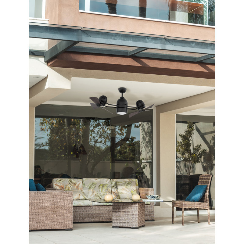 Ventilateur de plafond double DEL à 4 pales avec ensemble d'éclairage Kutlay, Noir mat avec pales noires
