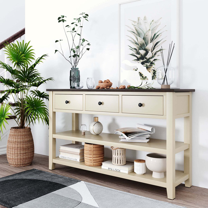 Cevat Rustic Console Table With 2 Open Shelves And 3 Drawers - Storage Entryway Table For Farmhouse Or Cottage Decor, Beige