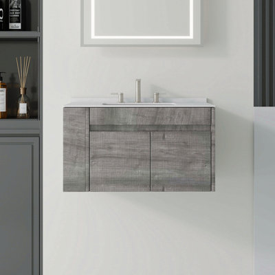 Meuble-lavabo flottant 30 po avec lavabo, porte à fermeture en douceur, comptoir et dosseret en marbre de culture blanc de 0,6 po Carrara