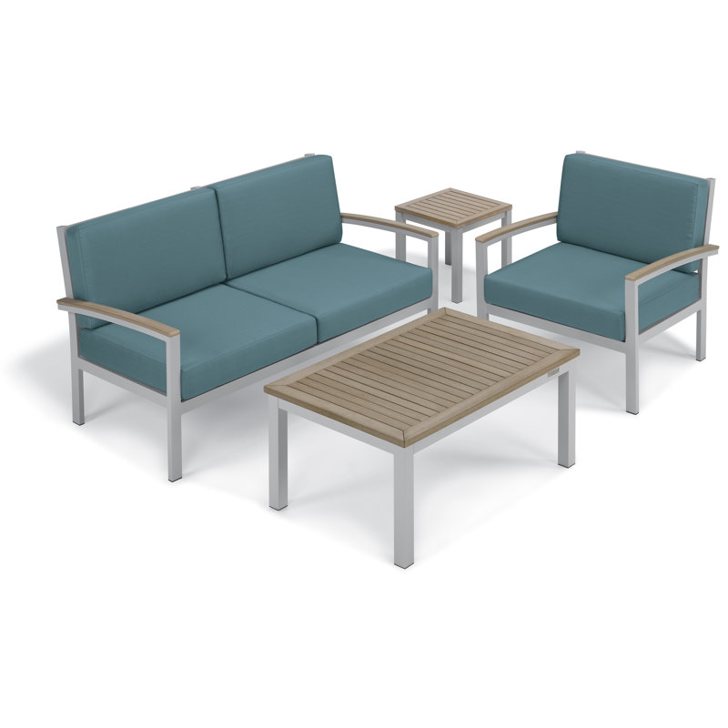 Travira 4 Piece Sofa Set with Cushions, Vintage Teakwood, Ice Blue