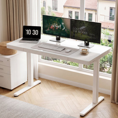 Height-adjustable desk with touchscreen control，Glass Top Height Adjustable Standing Desk, Computer Desk with Drawer, USB Port and Type-C Port