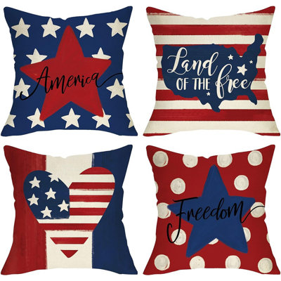 4Th Of July God Bless America Patriotic Decorative Throw Pillow Covers Set Of 4, American Stars Love Hearts Peace Liberty Outdoor Home Decor, USA Stripes Firework Couch Cushion Case