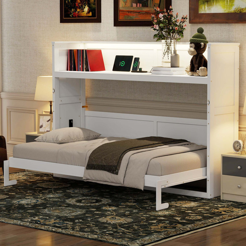 Lit escamotable simple TG de taille moderne avec bureau d'étude intégré, éclairage DEL et station de charge USB, blanc