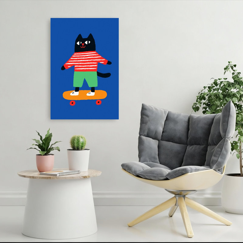 Skating Cat Playful Contemporary Cat Wall Art Print 1 Piece Wrapped Canvas Wall Art, 91.44cm H x 60.96cm W