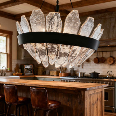 Modern Crystal Chandelier Pendant Light With Seedy Glass, 4-Light Adjustable Height Drum Fixture For Dining Room Kitchen Island Foyer