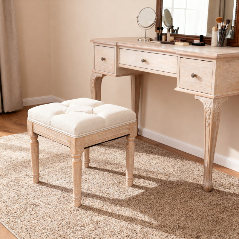 Petit banc rembourré, banc carré rembourré avec repose-pieds rustique, tabourets de coiffeuse pour la chambre à coucher, beige 15,75 po x 15,75 po x 15,75 po