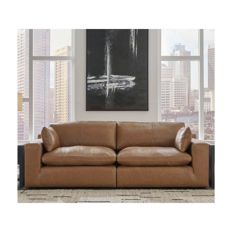 Causeuse modulaire en cuir caramel Emilia 2pc, 2, H 36 po x l 98 po x P 41 po