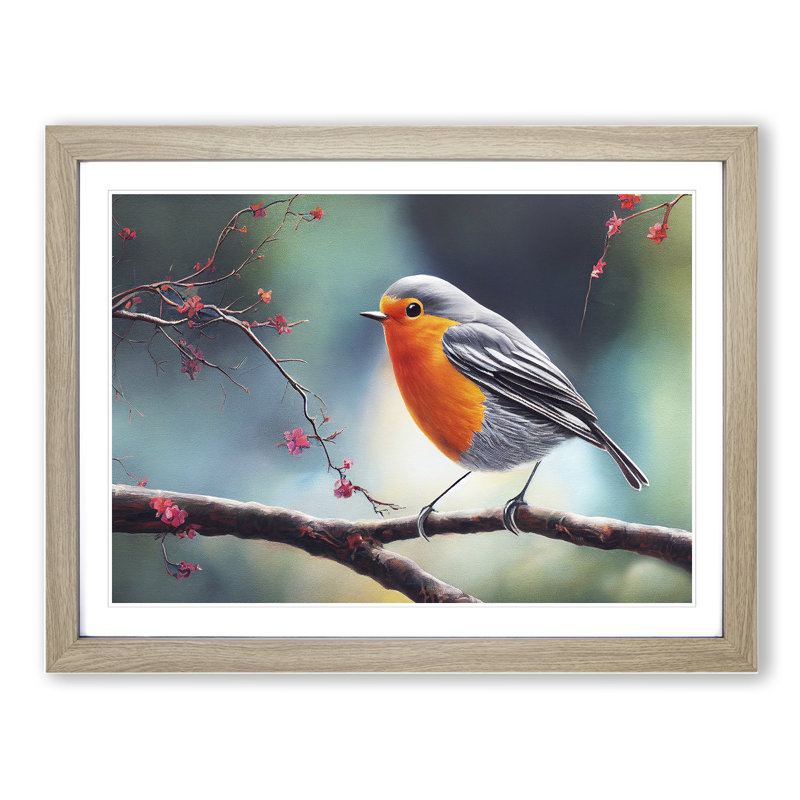Fabulous Robin Bird - Single Picture Frame Painting, 46cm H x 64cm W x 2cm D, Oak