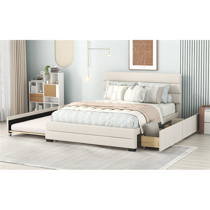 Lit plateforme tapissier avec lit gigogne et deux tiroirs, Beige