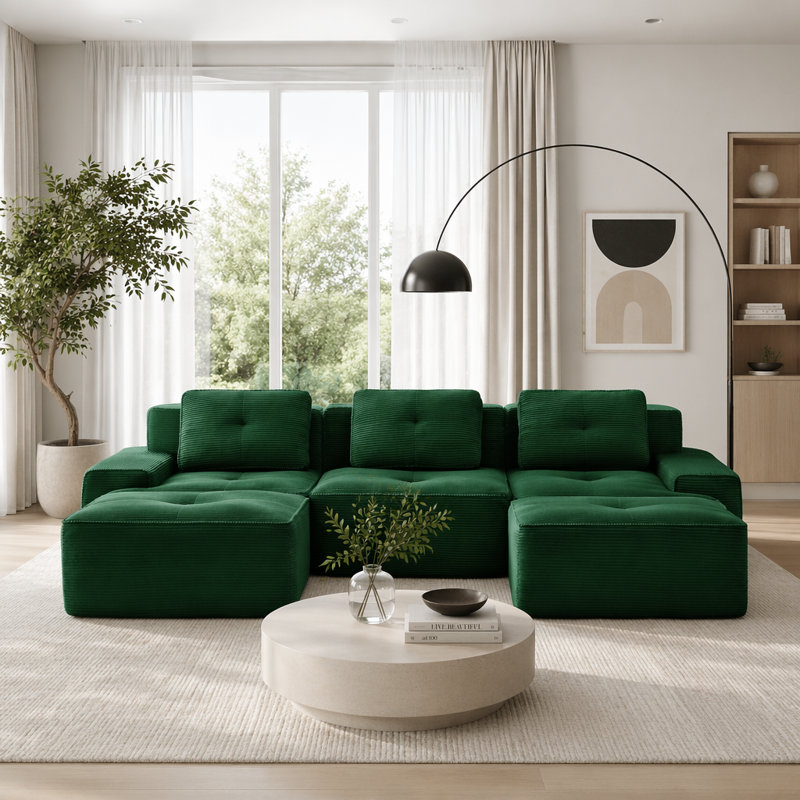 Canapé moderne en velours côtelé, Green -3Seat+2Ottman