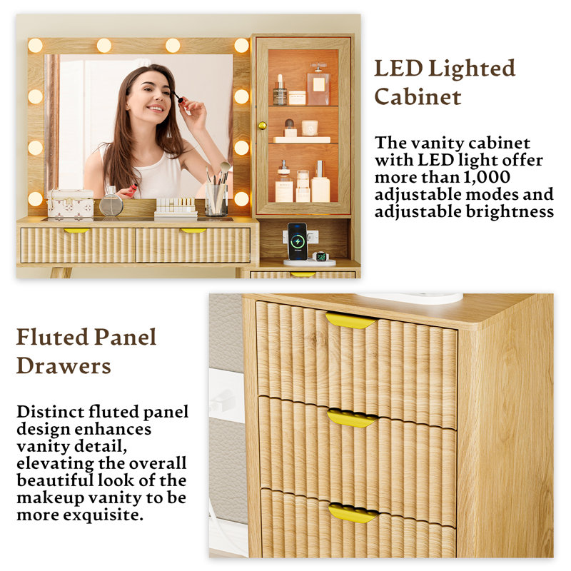 Fluted Vanity Desk With LED Mirror, 5 Drawers & RGB Glass Cabinet & Charging, Beige