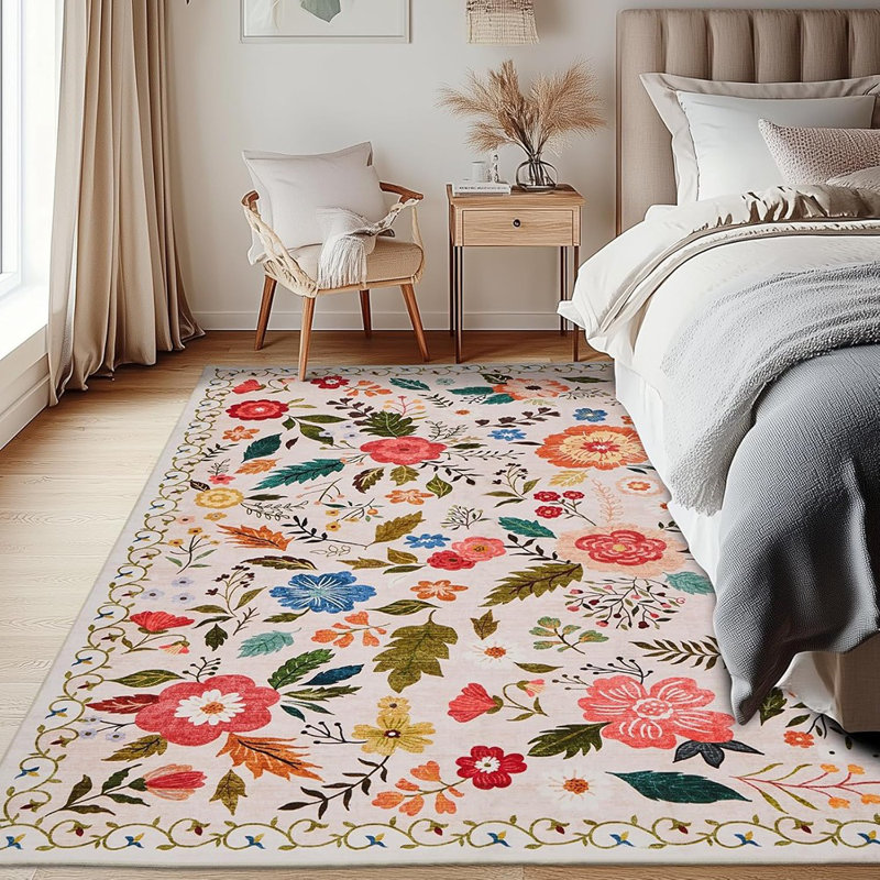 Rug For Living Room, 5X7 Area Rug Floral Vintage Rug For Bedroom Non-Slip Non Shedding Indoor Floor Carpet, Low Pile Foldable Stain Resistant Carpet For Dining Room, Office, Home Decor, Beige