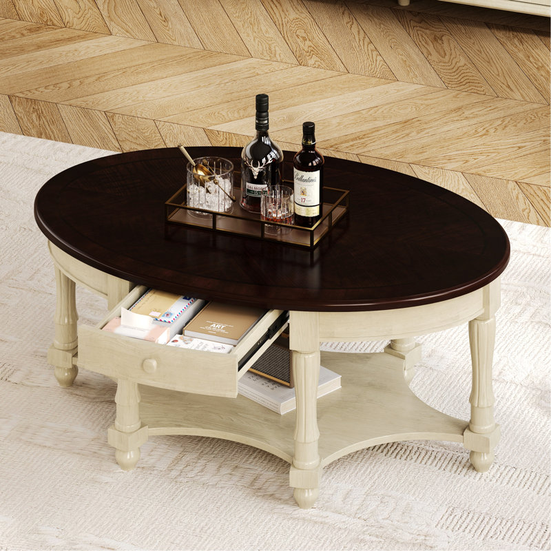 Table basse ovale avec tiroir et tablette de rangement, table d'appoint pour le salon, Noyer