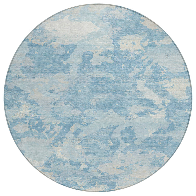 Tapis extérieur rond lavable abstrait bleu ciel et bleu denim 8 pi